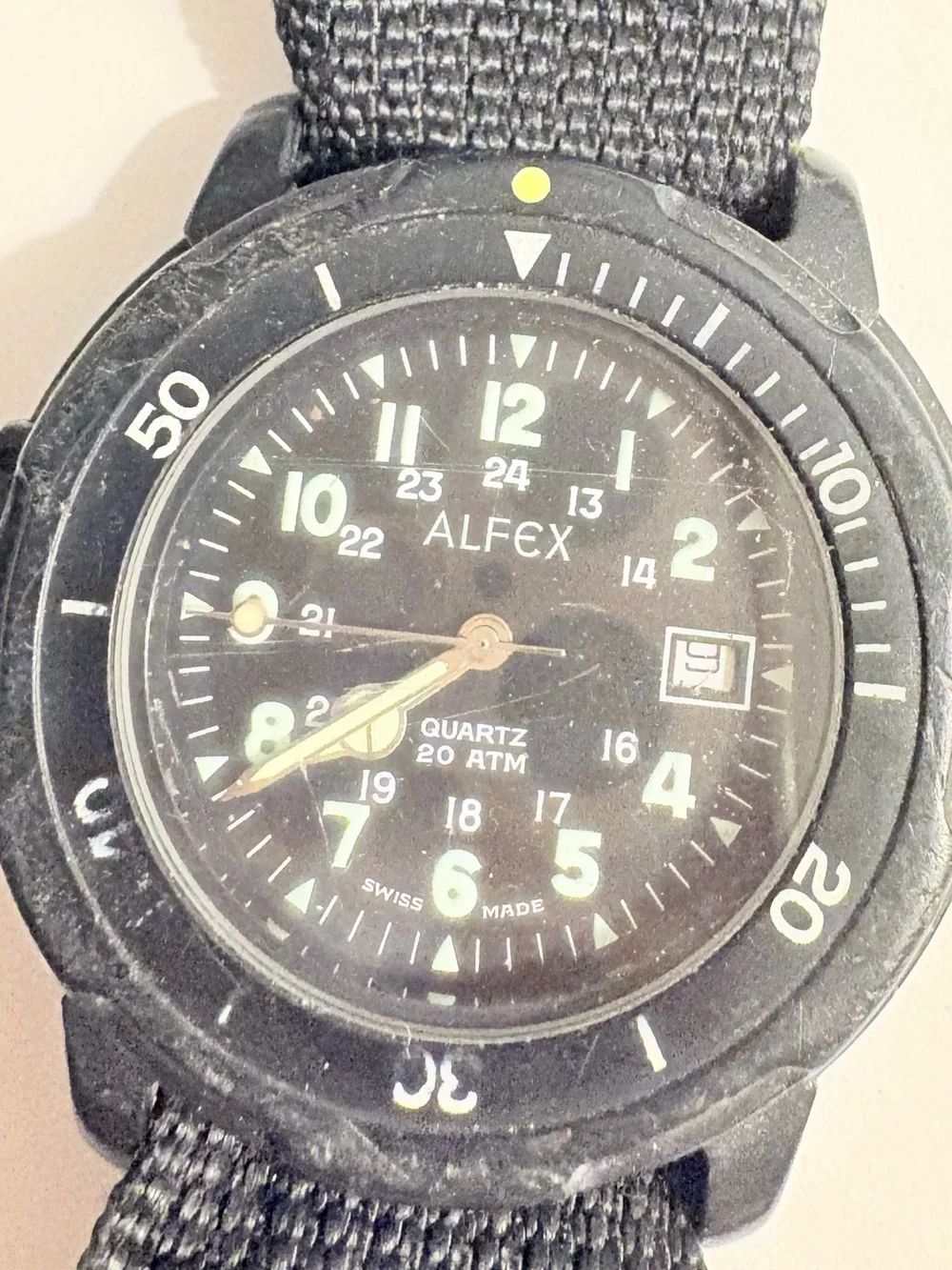 Alfex quartz watch Swiss model with 20 ATM water resistance black nylon strap